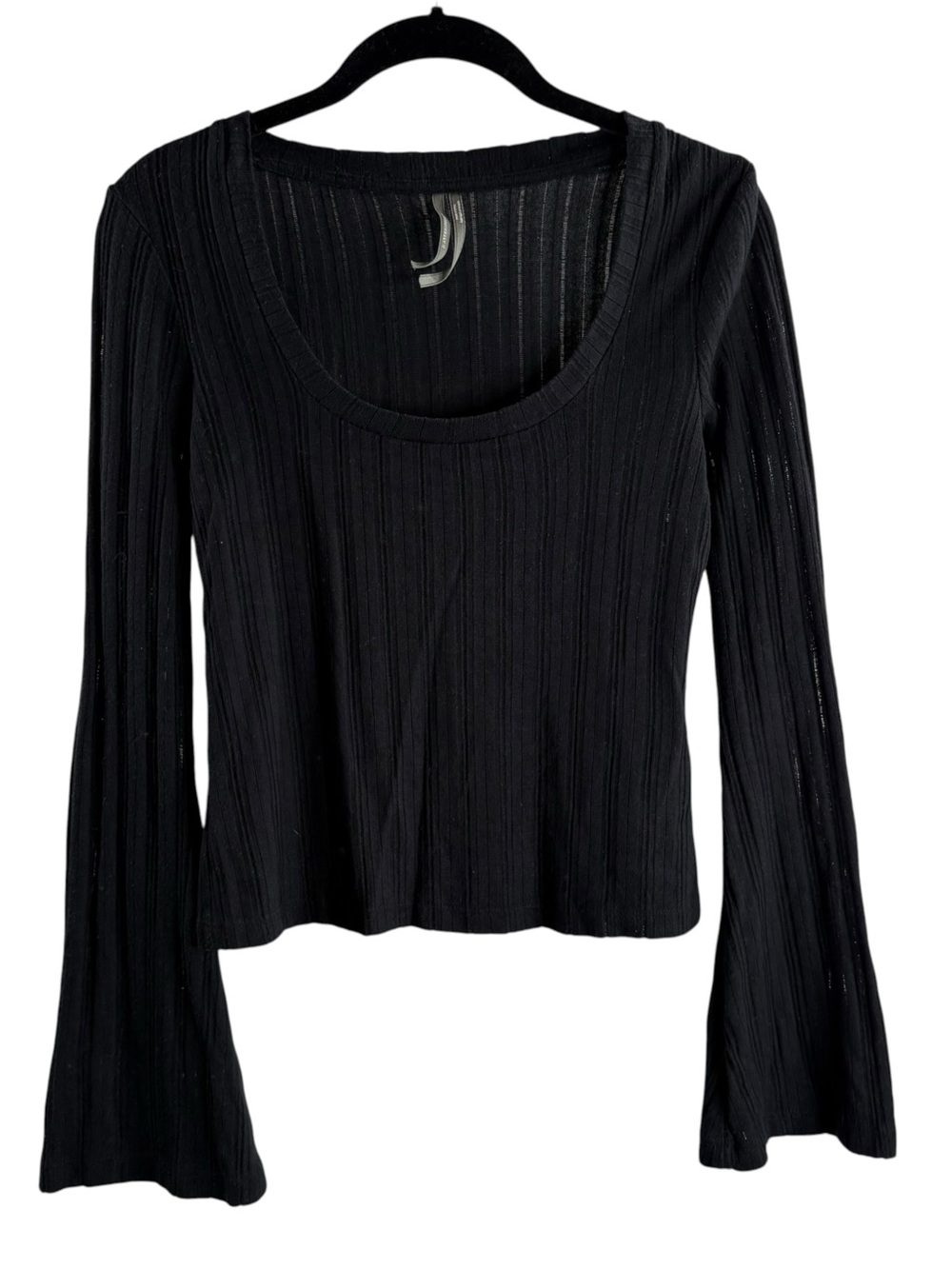 ANTHROPOLOGIE SIZE LARGE BLACK LONG BELL SLEEVE THIN CROP SWEATER $58
